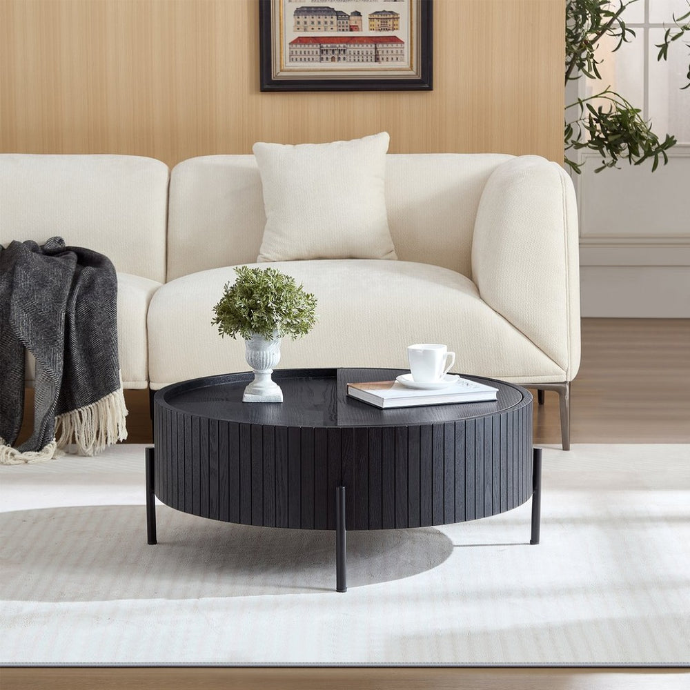 English Elm Round Wood Grain Coffee Table with Rotating Top and Hidden Storage for Modern Living W2085P399026