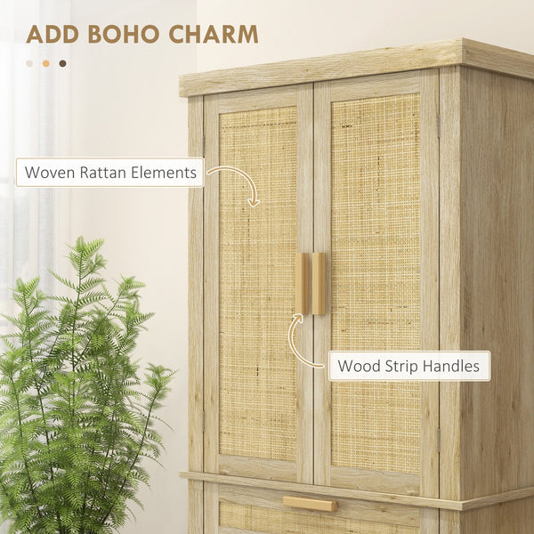 English Elm Homcom 72" Tall Boho Pantry Cabinet With Rattan Panels, 5-Tier Storage, Adjustable Shelves, Oak Finish W2225P229259