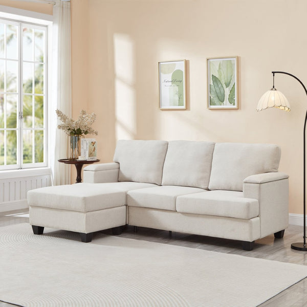 English Elm 86" Linen Sectional Sofa with Storage Ottoman Reversible Chaise for Small Spaces Beige W1669S00035
