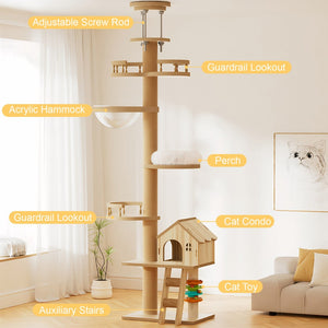 English Elm Floor to Ceiling Tension Mount Cat Tower with Sisal Post Hammock and Wood Condo Cave W3101P384990