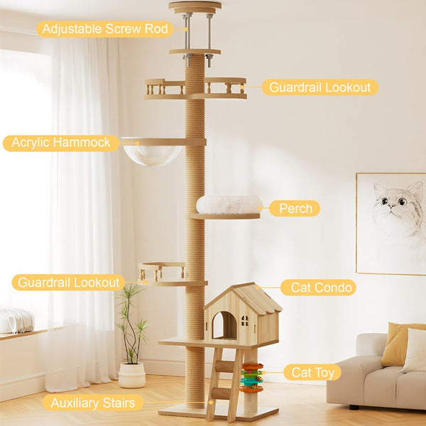 English Elm Floor to Ceiling Tension Mount Cat Tower with Sisal Post Hammock and Wood Condo Cave W3101P384990