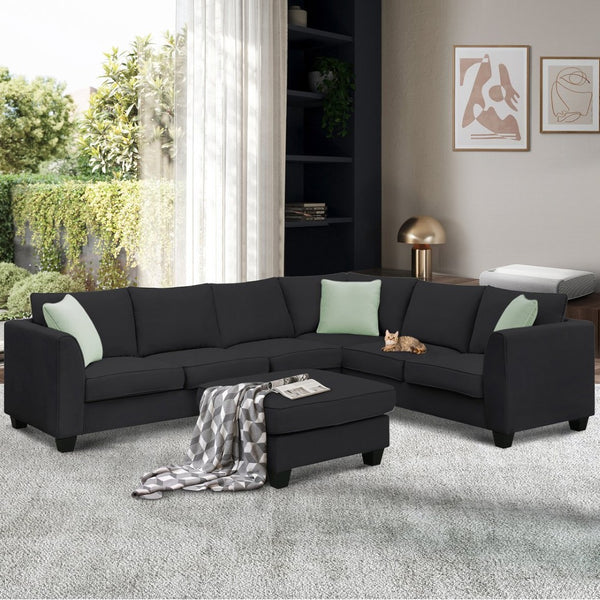 English Elm Seven Seat Modular L Shape Sectional Sofa with Ottoman Polyester Living Room GS009012AAB