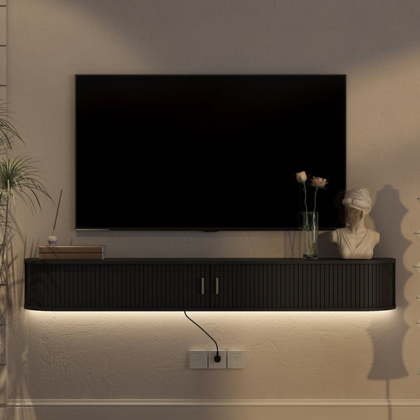 English Elm Floating Wall Mounted Media Console with Led Backlighting Mid-century Curved Design Black W1321P476924