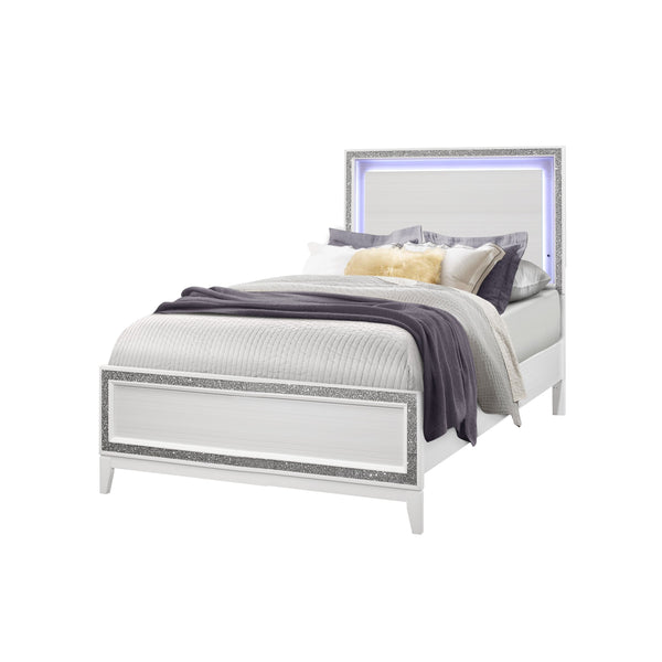 English Elm ALMERA Glam Transitional Full Bed with Crushed Crystal Trim, Solid Wood + MDF Construction, Elegant Finish White 79 L x 8 W x 3 H B201S00101