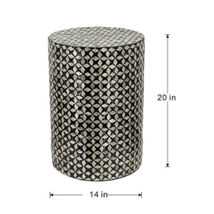 English Elm D14x20" Black Capiz Round Accent Stool — Geometric Inlay, Contemporary Cylindrical Side Table for Living Rooms W2078P409977