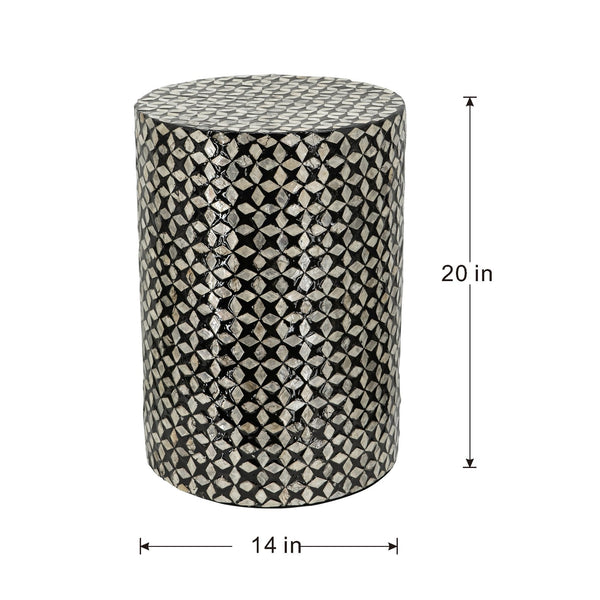 English Elm D14x20" Black Capiz Round Accent Stool — Geometric Inlay, Contemporary Cylindrical Side Table for Living Rooms W2078P409977