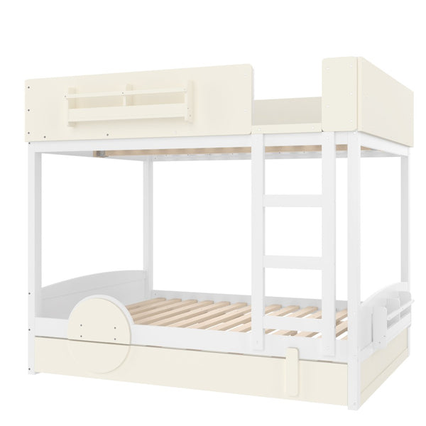 English Elm Full Bunk Bed with Trundle Bookshelf Storage Pine Frame Car Design for Kids Beige+White W1580S00444