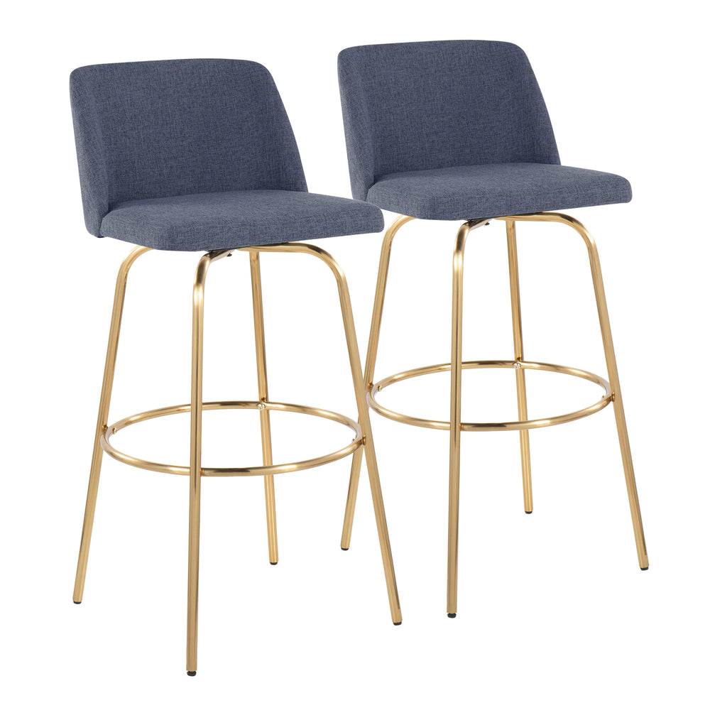 English Elm Toriano 30" Contemporary Barstool Set of 2 — Blue Fabric Swivel Seat, Gold Metal Base & Round Footrest B202S00654