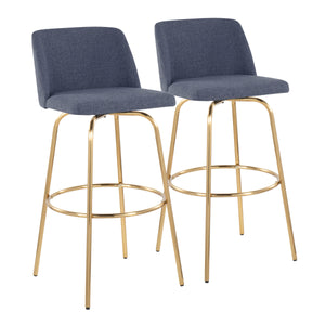 English Elm Toriano 30" Contemporary Barstool Set of 2 — Blue Fabric Swivel Seat, Gold Metal Base & Round Footrest B202S00654