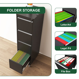 English Elm 4 Drawer Locking File Cabinet on Wheels with Anti-Tilt System, Corrosion-Resistant Metal, Secure Mobile Storage Black T2398P310002