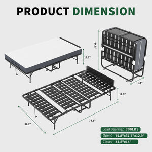 English Elm 75" Folding Bed with 5" Memory Foam for Tall Adults, Adjustable 3.15" Headboard, 450lb Frame, Wheels T2398P403871