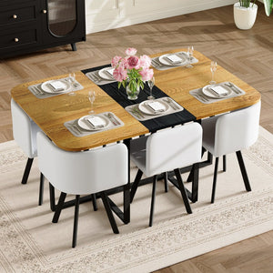 English Elm 7-piece Rectangular Dining Set Two-tone Wood Tabletop with Six Leather Chairs Seats W3875S00128