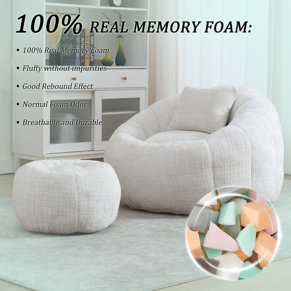 English Elm UNITED Cloud-Luxe Chenille Memory Foam Bean Bag Chair with Ottoman and Pillow for Ultimate Comfort Beige W1568P361685