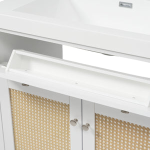 English Elm Christopher Knight Home® - 60 Inch Bathroom Vanity with Double Sinks SMC, Rattan Doors, Soft-Close Drawers, Stable Pine Legs White N817P296140W