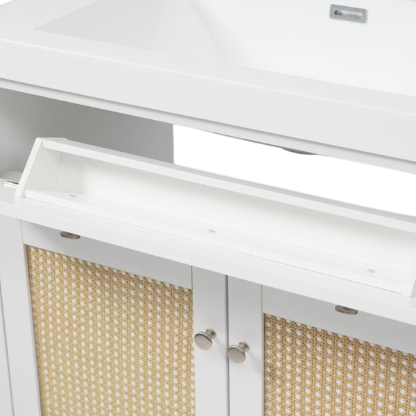 English Elm Christopher Knight Home® - 60 Inch Bathroom Vanity with Double Sinks SMC, Rattan Doors, Soft-Close Drawers, Stable Pine Legs White N817P296140W