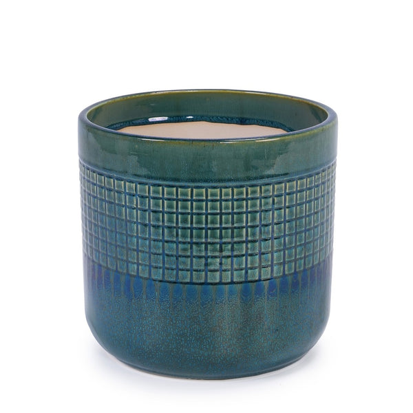 English Elm Set Of 3 Handcrafted Grid Ceramic Planters - Modern Blue-Green Flowerpots For Home & Garden Decor W3273P322259-GIGA