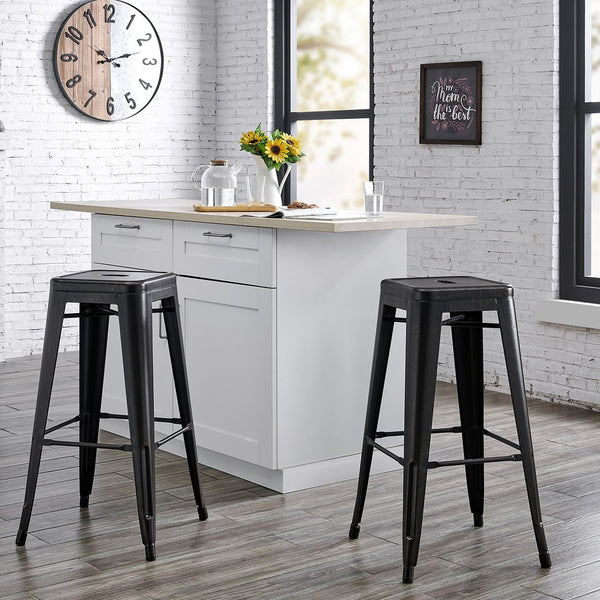 English Elm Backless Industrial Stackable 30" Bar Stools Set of 2 — Lightweight Durable ABS, Rustic Distressed Black Finish B347P337507