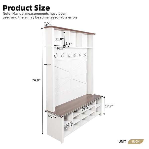 English Elm ON-TREND Farmhouse 4-in-1 Hall Tree with 6 Hooks, Walnut Bench, 16 Compartments, Rustic Entryway Organizer White N721P264915K