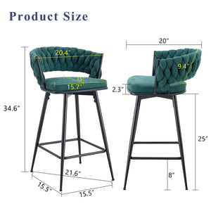 English Elm Two retro green bar stools with 360° rotation, breathable cotton-linen cushions, sturdy 300lb steel frame W2920P281917