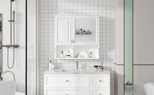 English Elm 30 30 Inch Mirror Medicine Cabinet with Half-Moon Design, Soft-Close Hinges, Open Shelf & Solid-Wood Frame White N710P322812K