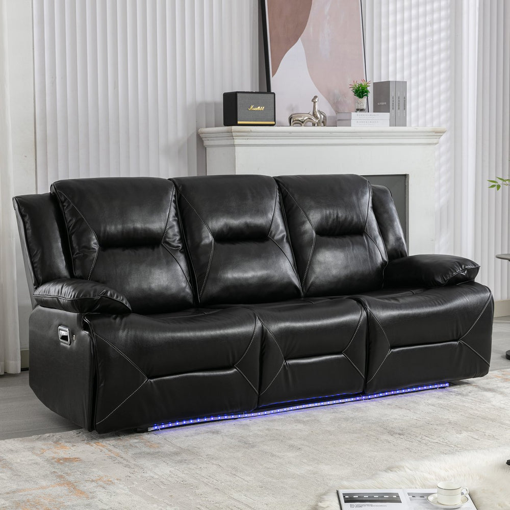 English Elm 3 Seater Home Theater Recliner with LED Accent Strip, Dual Cup Holders, Gel Leather Comfort Luxury Black WF323623AAB