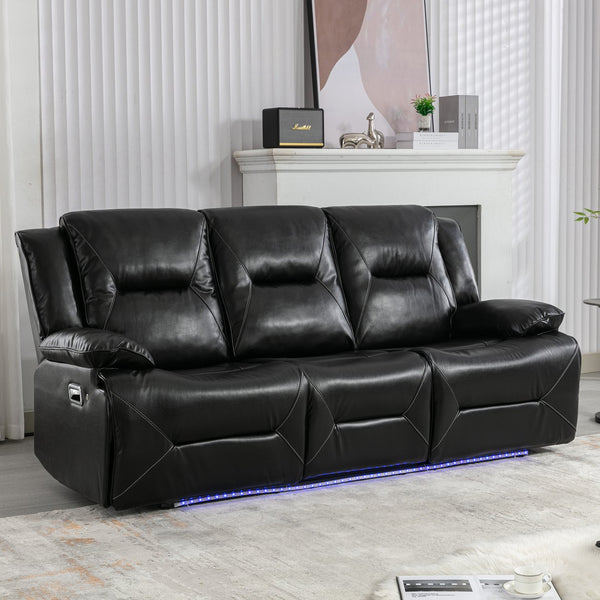 English Elm 3 Seater Home Theater Recliner with LED Accent Strip, Dual Cup Holders, Gel Leather Comfort Luxury Black WF323623AAB