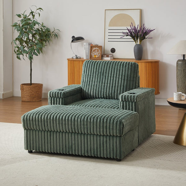 English Elm 42.5-inch corduroy single recliner with cup holder, storage ottoman, plush back pillow for lounging Green W834P375120