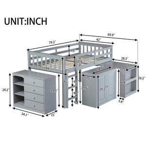 English Elm Twin Loft Bed Rubberwood Frame Pull Out Desk Storage Cabinet and Shelf Kids Room Grey W504S00287