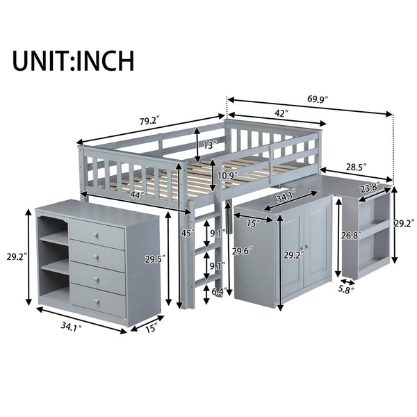 English Elm Twin Loft Bed Rubberwood Frame Pull Out Desk Storage Cabinet and Shelf Kids Room Grey W504S00287