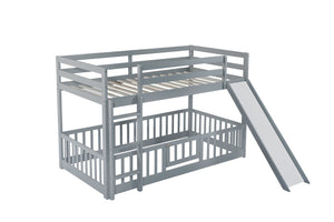 English Elm Twin Over Twin Floor Bunk Bed With Slide, Ladder, Safety Guardrails - Charming Grey Pine Wood Design W504S00189-GIGA