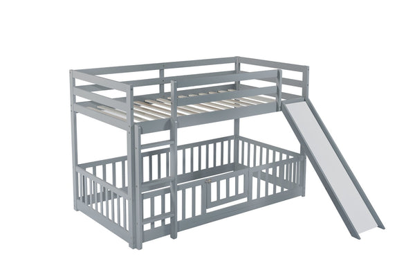 English Elm Twin Over Twin Floor Bunk Bed With Slide, Ladder, Safety Guardrails - Charming Grey Pine Wood Design W504S00189-GIGA