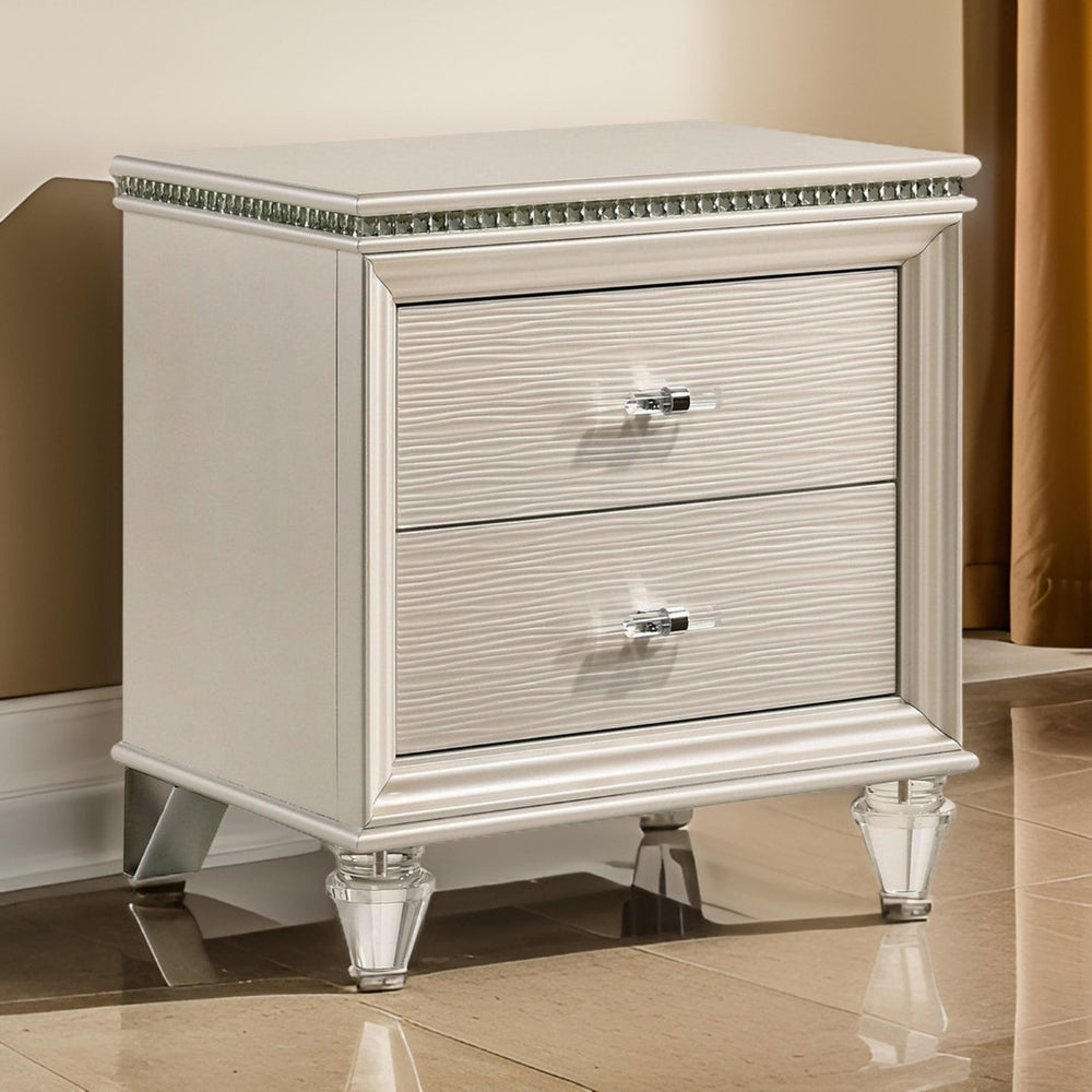 English Elm Nightstand Pearl White Lacquer with Textured Drawers and Clear Acrylic Legs Glam Bedroom B056P416808