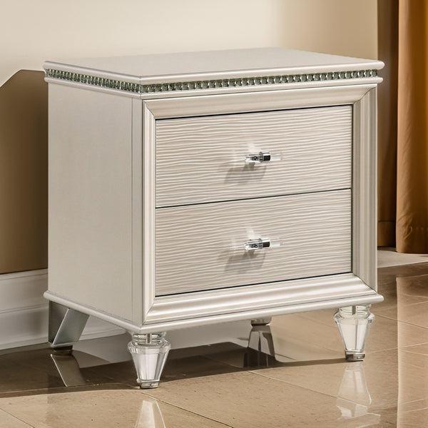 English Elm Nightstand Pearl White Lacquer with Textured Drawers and Clear Acrylic Legs Glam Bedroom B056P416808