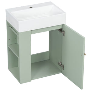 English Elm 20 Modern Wall-Mounted Bathroom Vanity with Ceramic Sink, Diamond Door, Gold Handles & Shelves — Compact Green N725P314033F