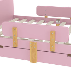 English Elm Twin Low Profile Kids Floor Bed Pine Wood Frame with Safety Rail and Built in Bookshelf Pink W1580P373245
