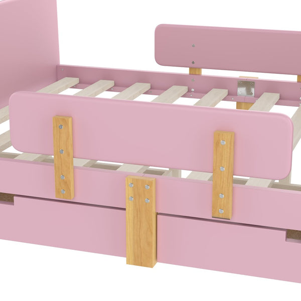 English Elm Twin Low Profile Kids Floor Bed Pine Wood Frame with Safety Rail and Built in Bookshelf Pink W1580P373245