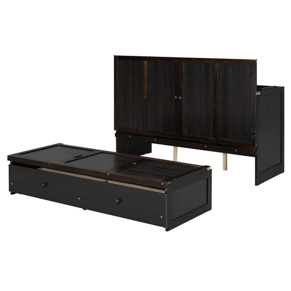 English Elm Queen Murphy Wall Bed with Pull Out Drawer and Built in Usb Charging Cabinet Espresso N708P205905P