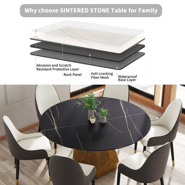 English Elm 59.05" Round Marble Dining Table – Stylish Artificial Marble & Metal Base For 6-8 Guests In Black W1535S00372