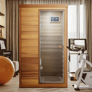 English Elm Red Cedar Single Person Far Infrared Indoor Sauna with Glass Door and Lcd Controls W632S00019