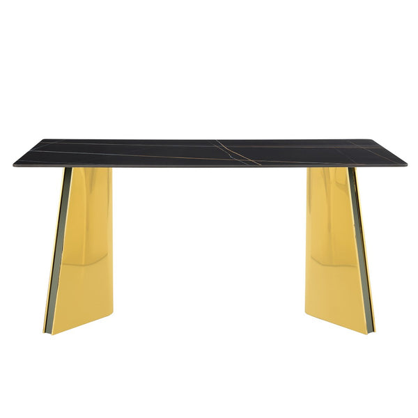 English Elm 63"x31.5x30" Marble Slab Rectangular Dining Table with Sculptural Butterfly Stainless Legs Black,Gold W1151S04617