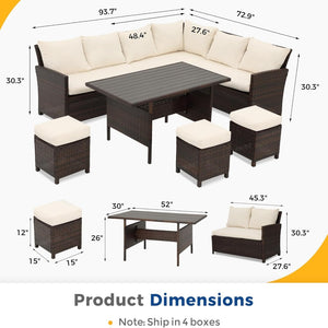 English Elm 7 Piece Outdoor Wicker Dining Set Modular Sectional Sofa Ottomans and Patio Table Ivory B082S00075
