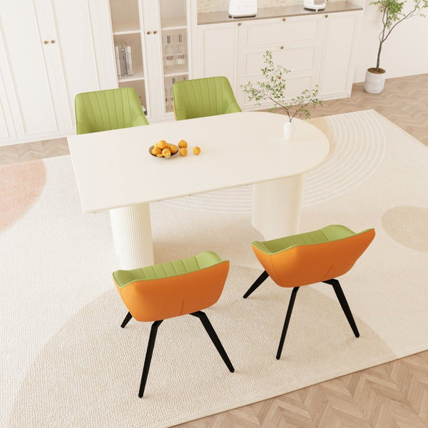 English Elm 63" Cream Mdf Dining Table Set with Carved Wave Legs and Beige Pu Upholstered Chairs White+Green W2189S00851