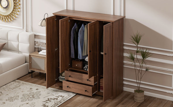 English Elm 4 Door Wardrobe Armoire Closet with 2 Drawers Rustic Pine & MDF Storage Cabinet with Shelves and Hanging Space Brown N7090001842D