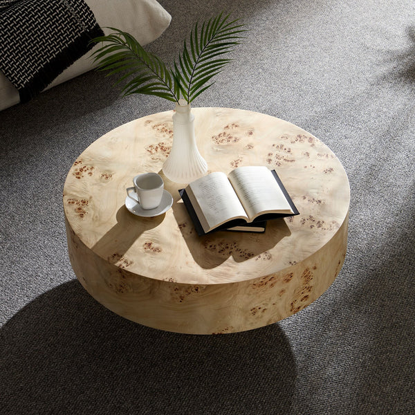 English Elm 31.49''Mid Century Modern Round Burl Coffee Table with Sturdy Pedestal, Compact 31.49" Table for Apartments W876P279838