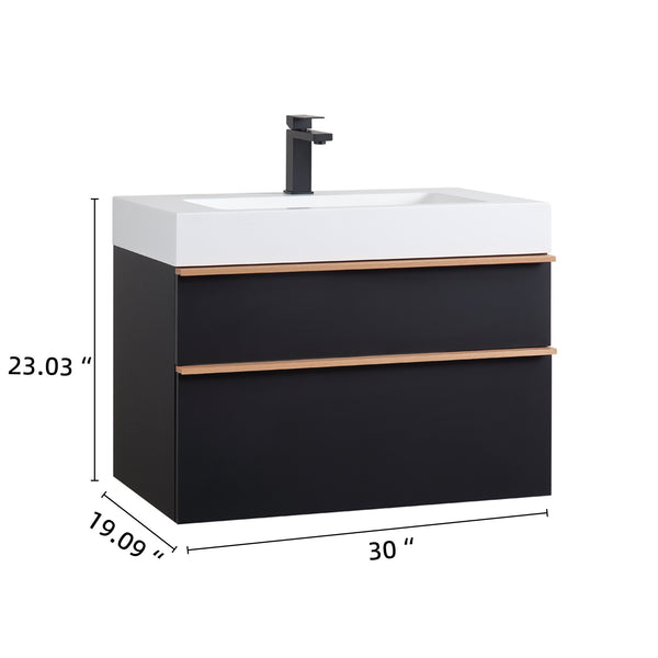 English Elm VELA 30 Inch Wall Mounted Bathroom Vanity with Integrated Acrylic Sink, Dual Wood Handles, Soft-Close Drawers, Matte Finish Black W3235P327617
