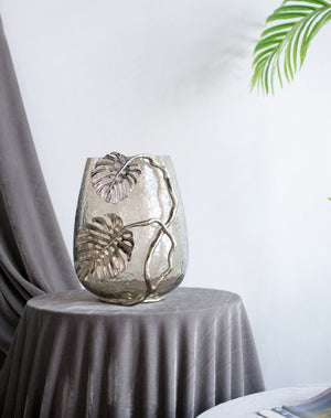 English Elm 9.8x8.5x10.8" Palm Motif Hurricane Holder Silver Aluminum Smoke Glass Mantel Decor W2078P490401