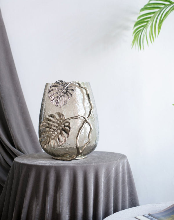 English Elm 9.8x8.5x10.8" Palm Motif Hurricane Holder Silver Aluminum Smoke Glass Mantel Decor W2078P490401