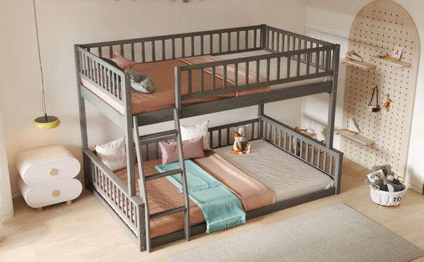 English Elm Full Xl Over Queen Bunk Bed Pine Frame with Guardrails Ladder and Slat Support Gray GX000450AAE