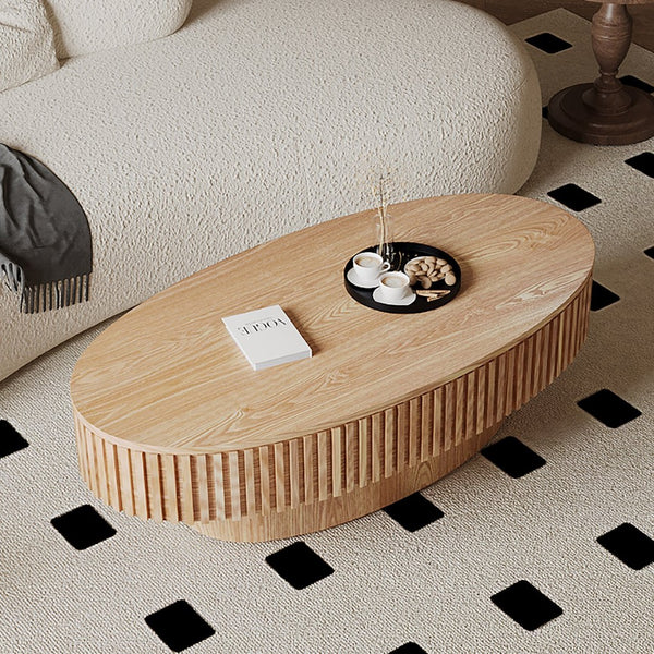 English Elm 47'' Oval Storage Coffee Table Fluted Wood Veneer Lift Lid Sculptural Living Room Accent Natural Wood W1435P293222