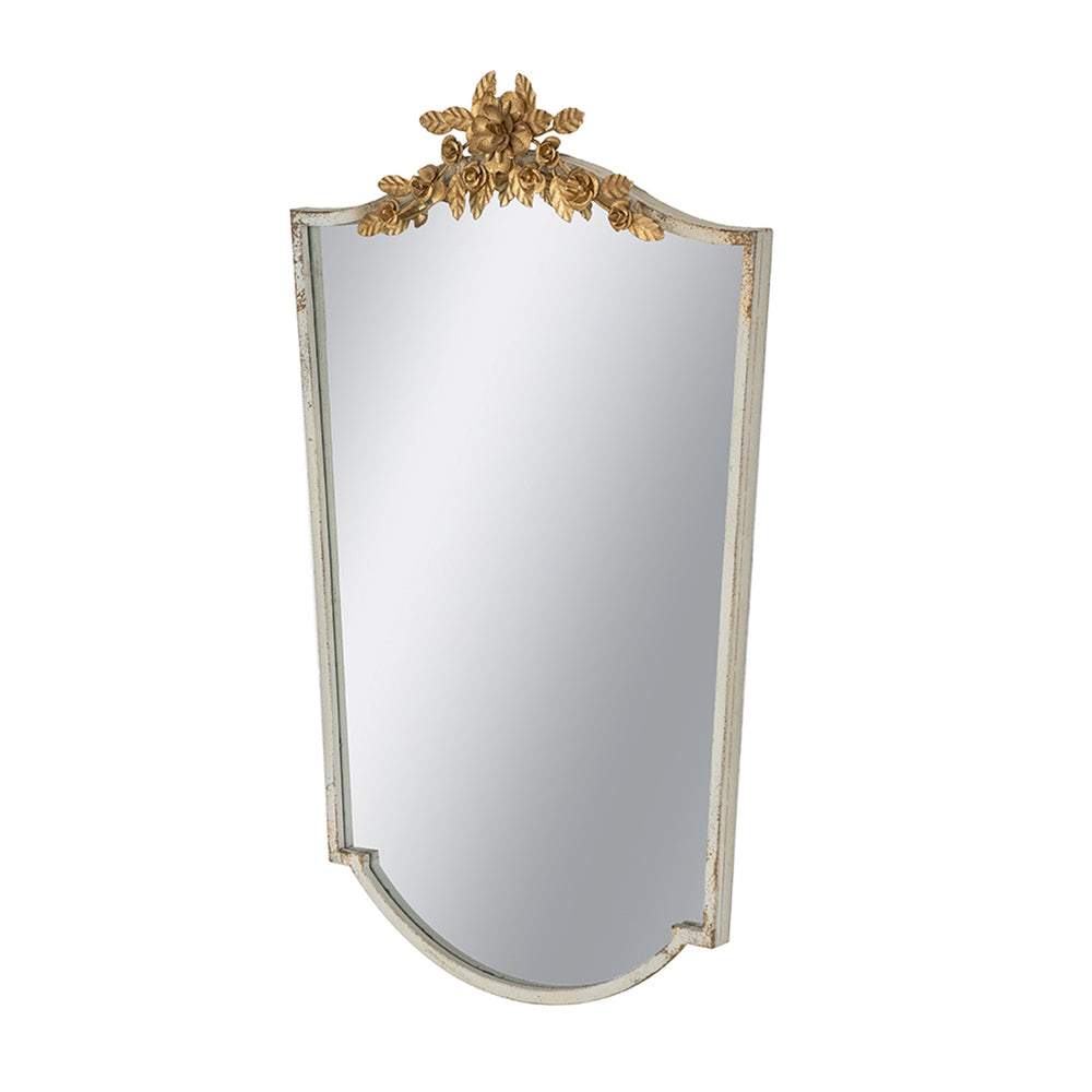 English Elm 24x1.6x37.4" Vintage-Inspired Arched Wall Mirror with Distressed Ivory Frame and Ornate Gold Floral Crest, Elegant Accent for Entryway W2078P296024